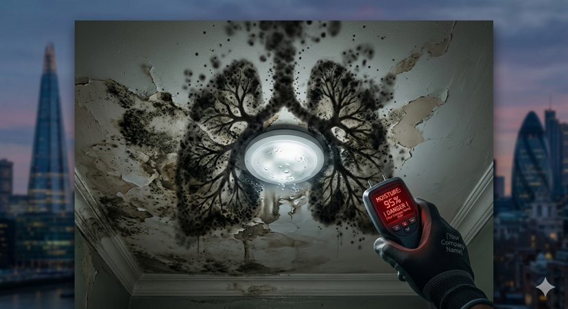 Black mould growing on London ceiling caused by roof damp with moisture meter showing critical readings